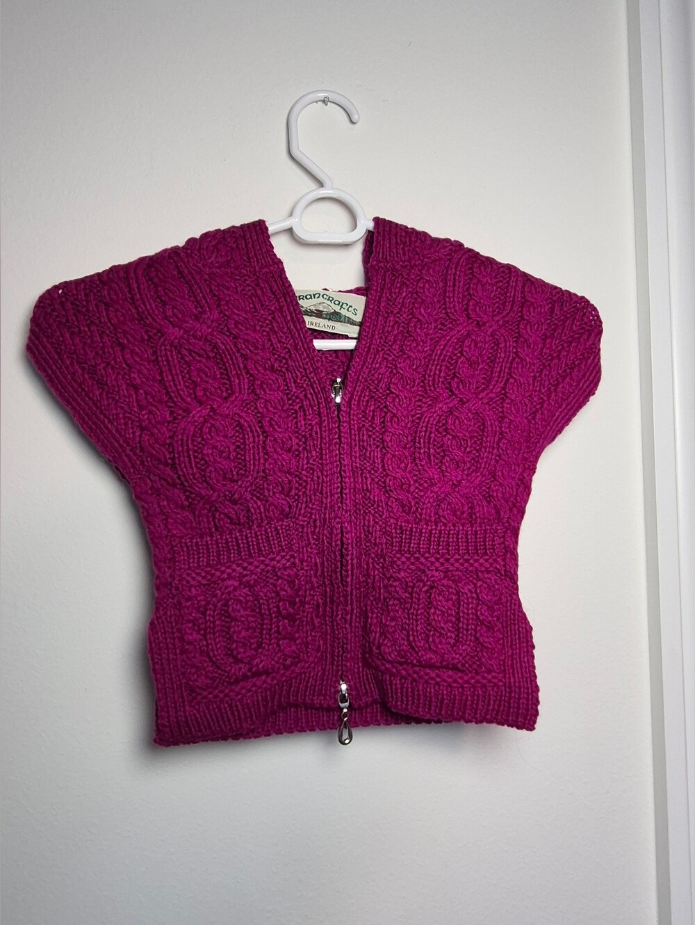 Aran Crafts Ireland Girls Cable-Knit Hooded Zip Vest Deep Magenta 12-18M